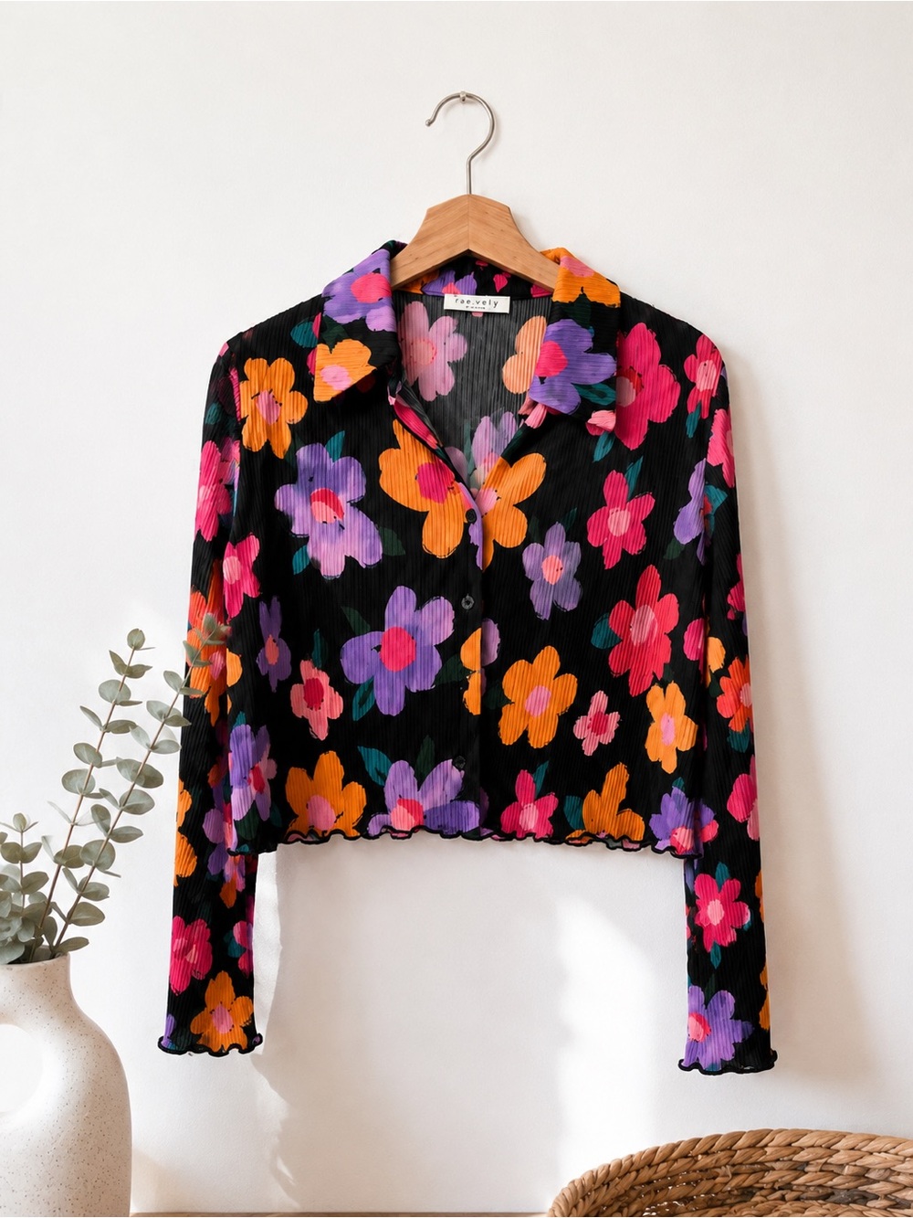 BeaVely Floral Plisse Crinkle Satin Button Down Top Long Sleeve Crop Blouse